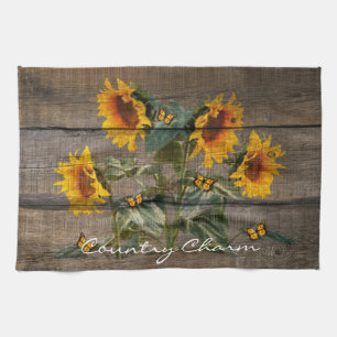 Rustic Sunflowers Butterflies Barn Board Tea Towel