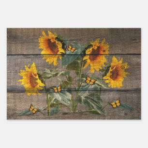 Rustic Sunflowers Butterflies Barn Board Wrapping Paper Sheet