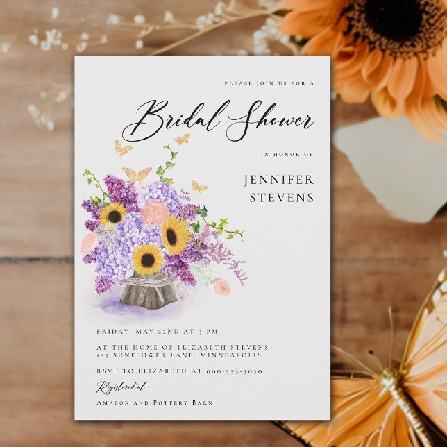 Rustic Sunflowers Butterflies Modern Bridal Shower Invitation (elegant rustic bouquet butterflies bridal shower invitation lilac hydrangea sunflowers modern boho)
