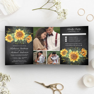 Rustic Sunflowers Chalkboard Photo Collage Wedding Tri-Fold Invitation