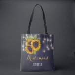 Rustic sunflowers chalkboard wedding bridesmaid tote bag<br><div class="desc">Rustic elegant fall wedding stylish bridesmaid / maid of honour / flower girl tote bag on dark midnight navy blue chalkboard featuring beautiful yellow gold sunflowers bouquets and strings of twinkle lights. Personalise it with bridesmaid's name on front and with bride's and groom's names and wedding date on the back....</div>