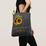 Rustic sunflowers chalkboard wedding maid or honou tote bag<br><div class="desc">Rustic elegant wedding stylish bridesmaid, maid of honour, or flower girl tote bag on dark grey charcoal chalkboard featuring beautiful yellow gold sunflowers bouquets. Personalise it with your team bride member's name on the front and with the wedding couple's names, date, and place on the back. You can choose to...</div>