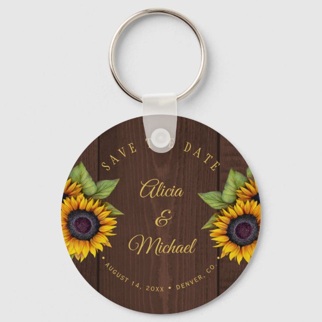 Rustic sunflowers chic barn wood wedding save date key ring (Front)