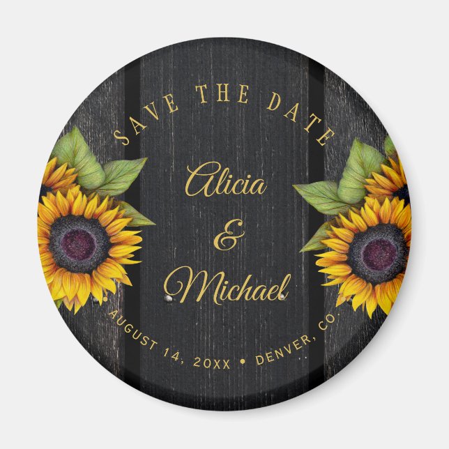 Rustic sunflowers chic barn wood wedding save date magnet (Front)