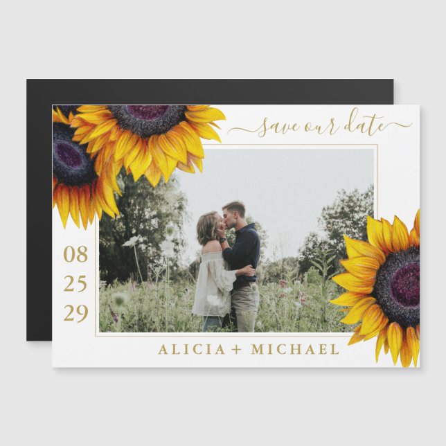 Rustic sunflowers chic script save date wedding magnetic invitation (Front/Back)