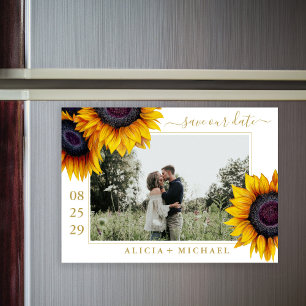 Rustic sunflowers chic script save date wedding magnetic invitation