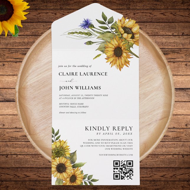 Rustic Sunflowers Country Qr Code RSVP Wedding All In One Invitation (Creator Uploaded)
