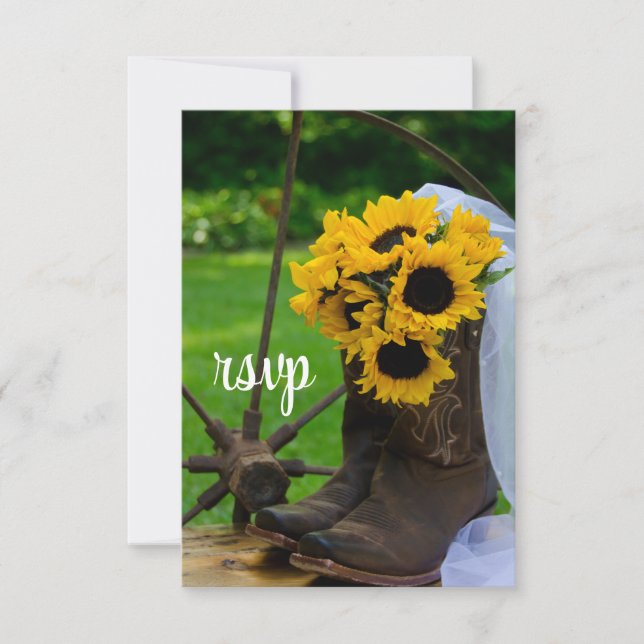 Rustic Sunflowers Cowboy Boot Western Wedding RSVP Card (Front)