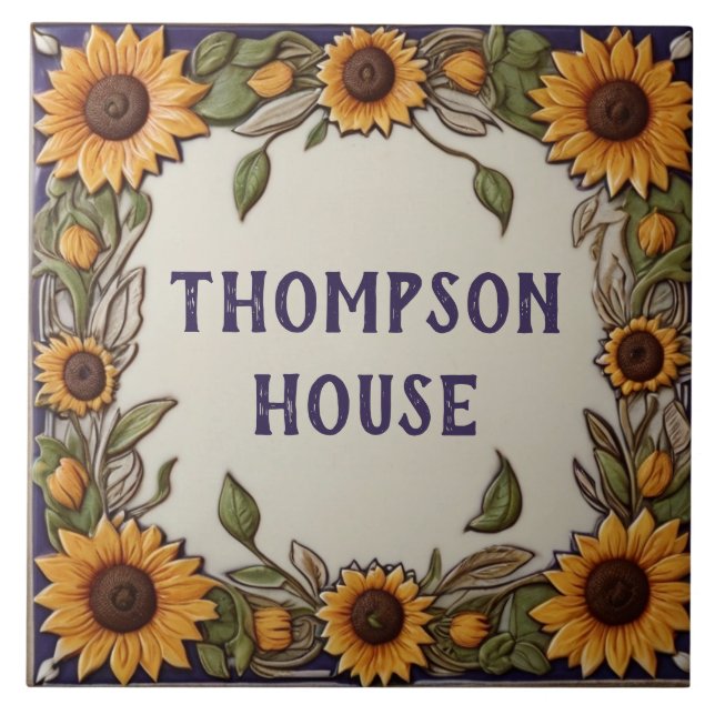 Rustic Sunflowers Custom House Name Plate Sign Ceramic Tile (Front)