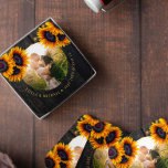 Rustic sunflowers custom photo wedding favour coaster<br><div class="desc">Rustic country wedding round photo personalised favour gift with yellow gold sunflower bouquets over a dark brown barn wood with strings of twinkle lights.            Easy to customise with your text and photo!           It can be a pretty keepsake gift for a new couple.</div>