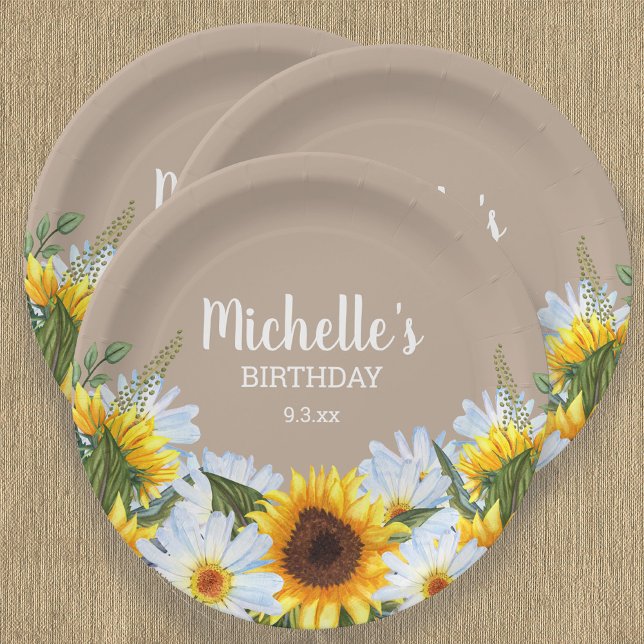 Rustic Sunflowers Daisies Birthday Party Name Date Paper Plate (Creator Uploaded)