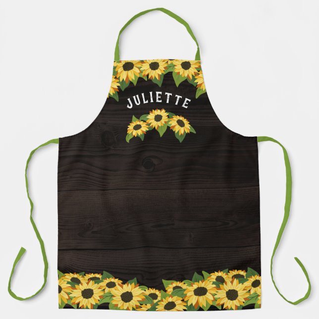 Rustic Sunflowers & Dark Wood Add Name Apron (Front)