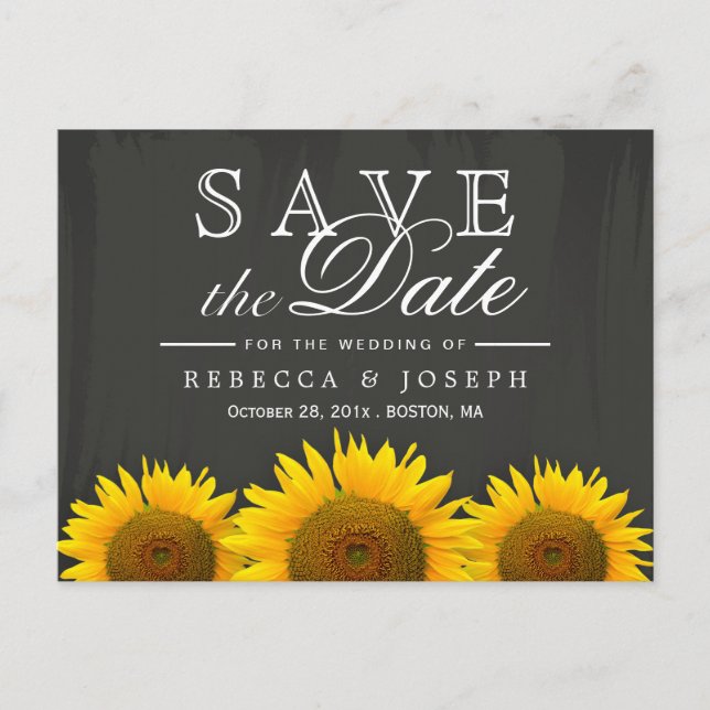Rustic Sunflowers Elegant Chalkboard Save the Date Announcement Postcard (Front)