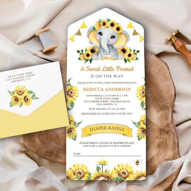 Rustic Sunflowers Elephant Baby Shower All In One Invitation (Creator Uploaded)