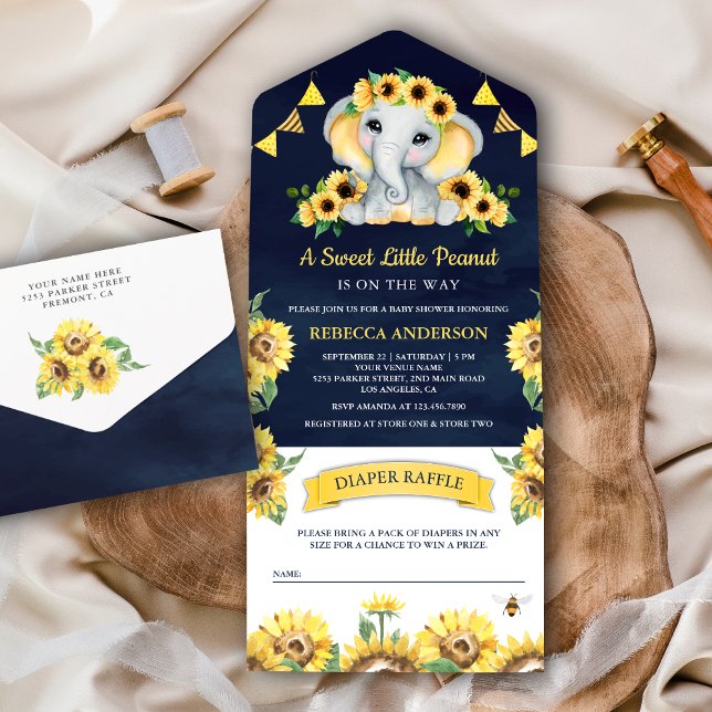 Rustic Sunflowers Elephant Navy Blue Baby Shower All In One Invitation (Creator Uploaded)