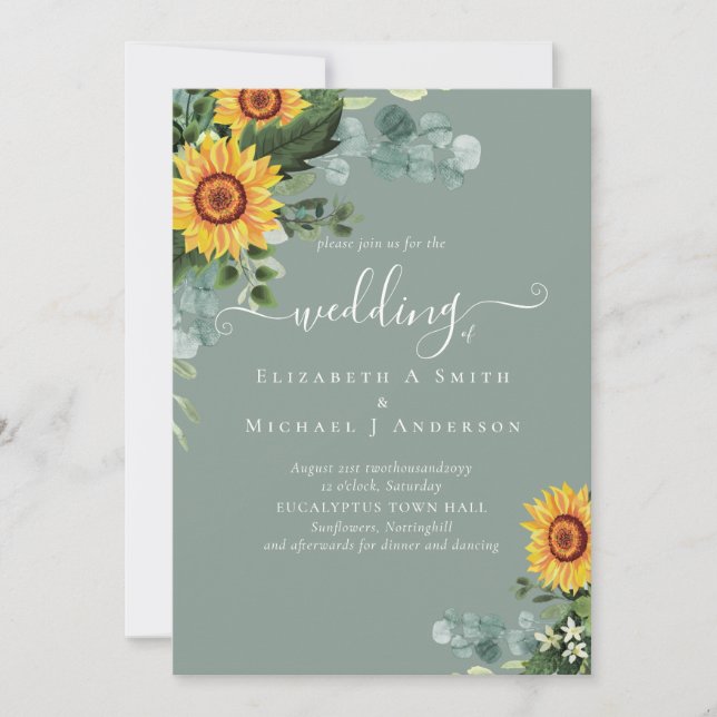 Rustic Sunflowers Eucalyptus Leaves Wedding Invitation (Front)