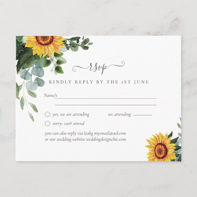 Rustic Sunflowers Eucalyptus Leaves Wedding Postcard (Front)