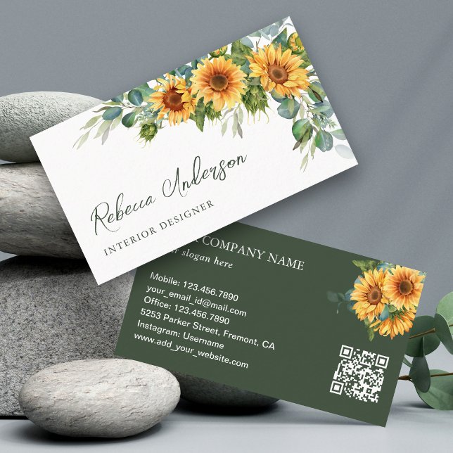 Rustic Sunflowers Eucalyptus QR Code Business Card (Creator Uploaded)