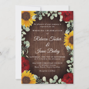 Rustic Sunflowers Eucalyptus Red Rose Wood Wedding Invitation