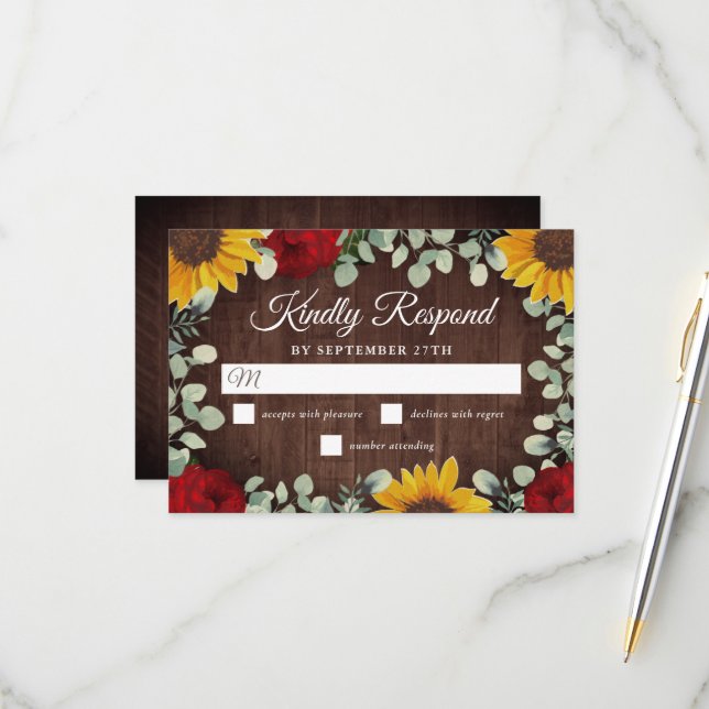 Rustic Sunflowers Eucalyptus Red Roses Wedding RSVP Card (Front/Back In Situ)
