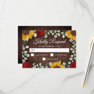 Rustic Sunflowers Eucalyptus Red Roses Wedding RSVP Card