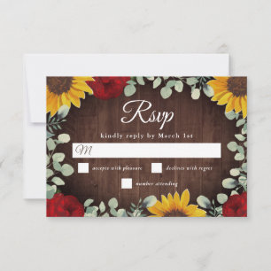 Rustic Sunflowers Eucalyptus Red Roses Wedding RSVP Card