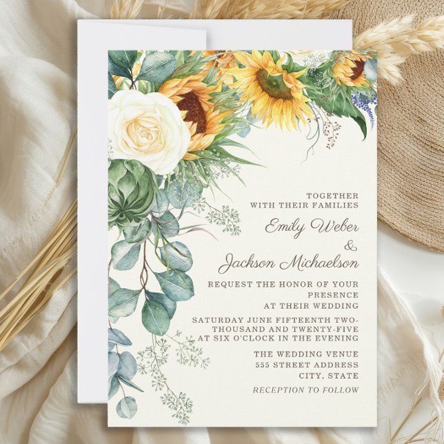 Rustic Sunflowers Eucalyptus White Roses Wedding Invitation (Elegant sunflowers and eucalyptus wedding invitation)