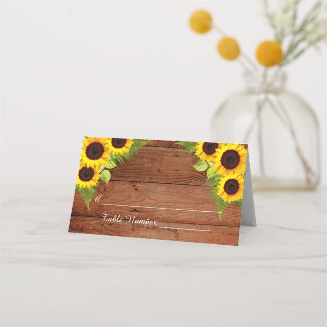 Rustic Sunflowers Fern Wedding Place Card (Front)