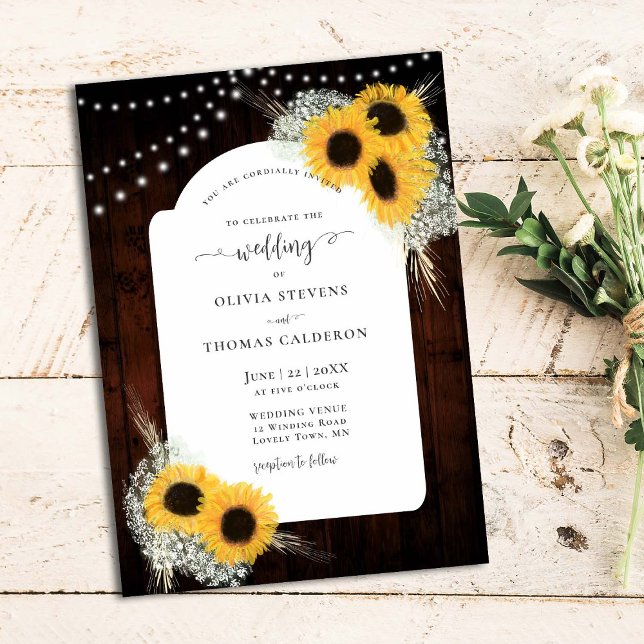 Rustic Sunflowers Floral Frame Barn Lights Wedding Invitation (Creator Uploaded)