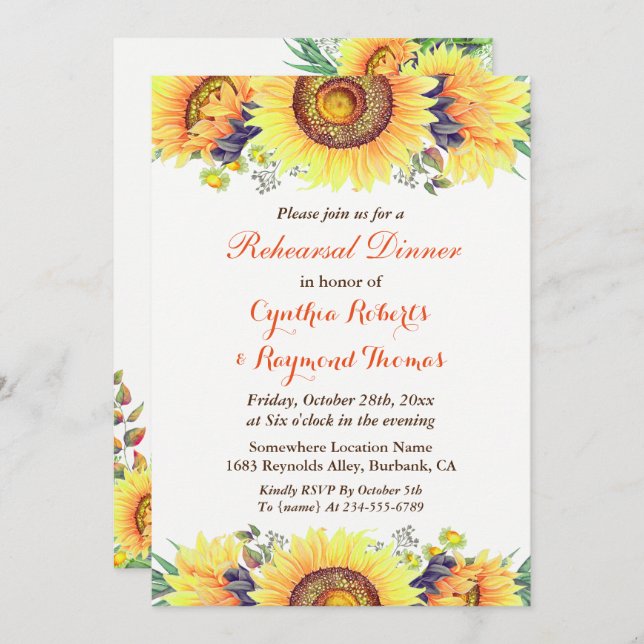 Rustic Sunflowers Floral Wedding Rehearsal Dinner Invitation (Front/Back)