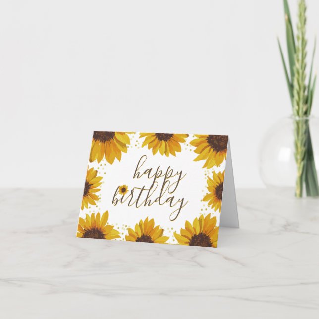 Rustic Sunflowers Gold Dots Happy Birthday Note Card (Front)