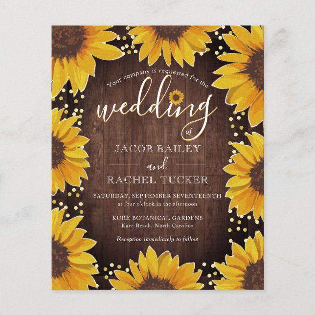 Rustic Sunflowers Gold Dots Wedding Invitation (Front)