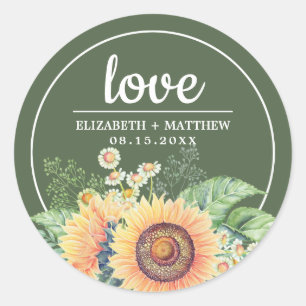 Rustic Sunflowers Green Wedding  Classic Round Sticker