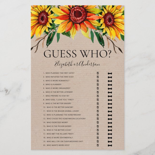 Rustic Sunflowers Guess Who Bridal Shower Game (Front)
