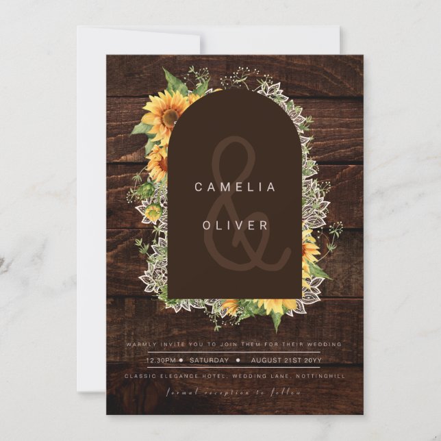 Rustic Sunflowers Lace Wedding Invite QR Code RSVP (Front)