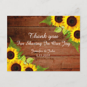 Rustic Sunflowers Lace Wedding Thank you Postcard