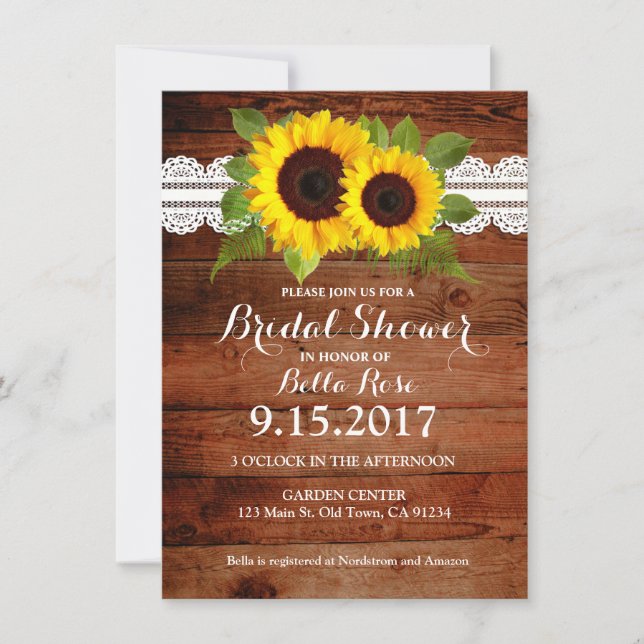 Rustic Sunflowers Lace Wood Bridal Shower Invites (Front)