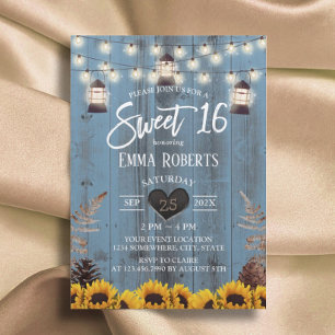 Rustic Sunflowers & Lanterns Dusty Blue Sweet 16 Invitation