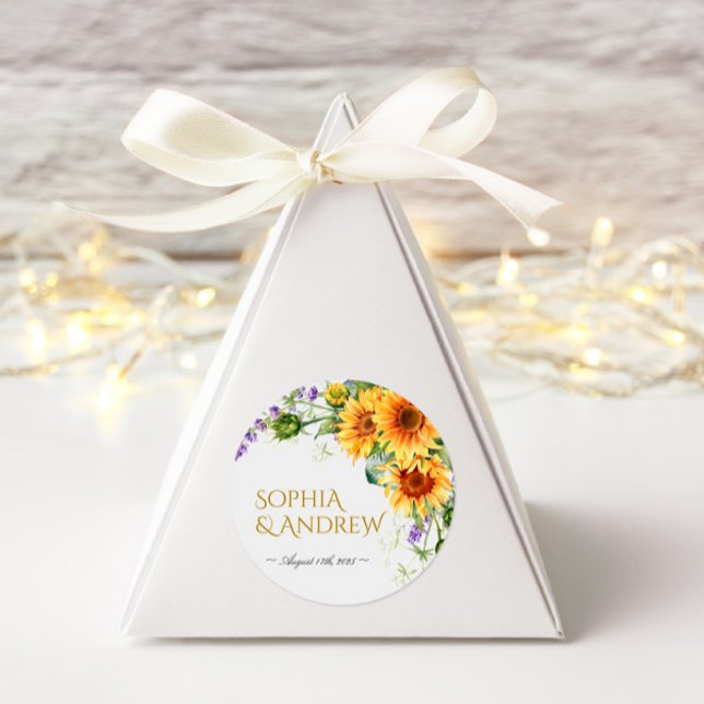 Rustic Sunflowers & Lavander Wedding Round Sticker (Creator Uploaded)