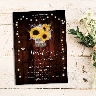 Rustic Sunflowers Lavender Red Wood Lights Wedding Invitation