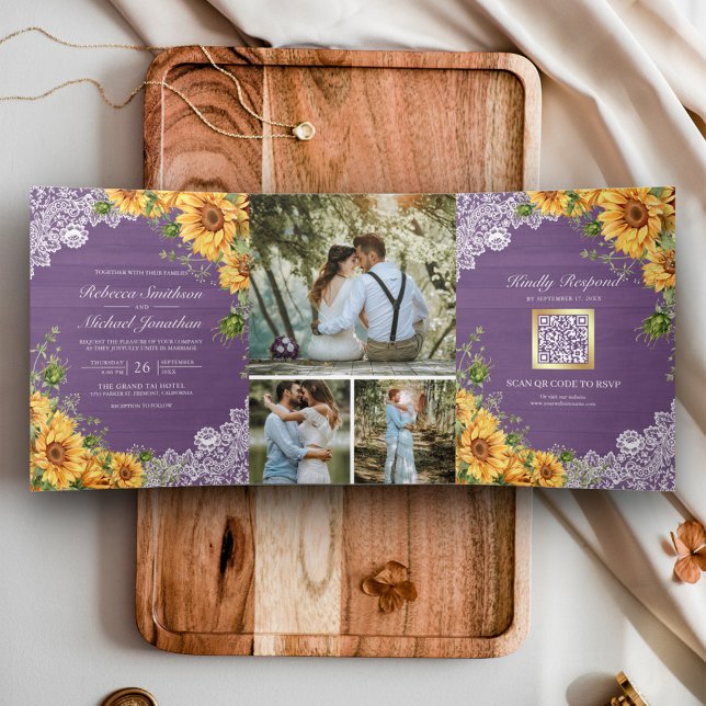 Rustic Sunflowers Lavender Wood QR Code Wedding Tri-Fold Invitation (Creator Uploaded)