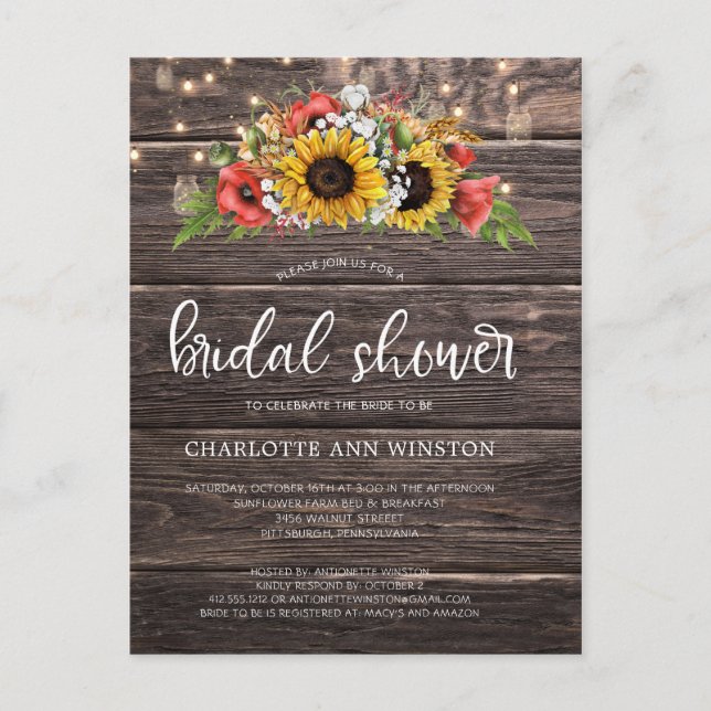 Rustic Sunflowers Lights Bridal Shower Invitation Postcard (Front)