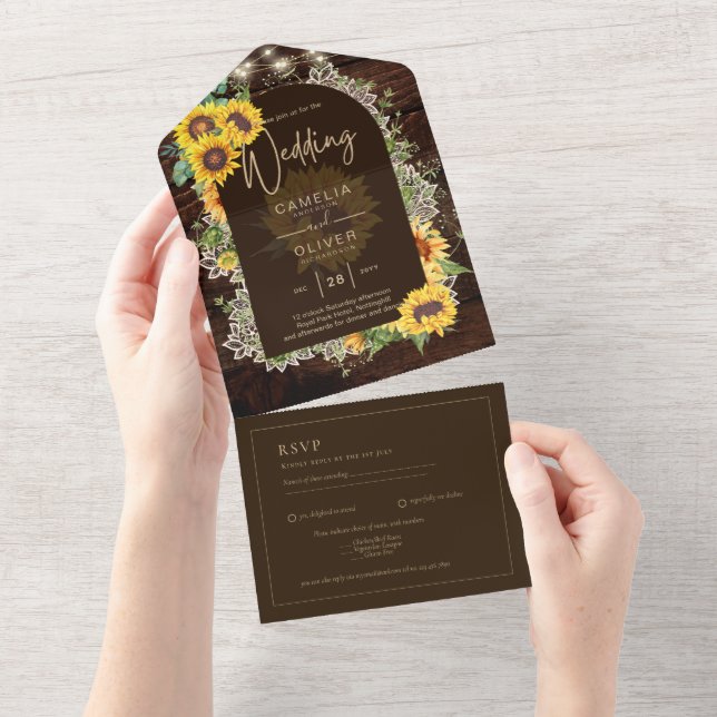 Rustic Sunflowers Lights Lace Arch Wedding All In  One Invitation (Tearaway)