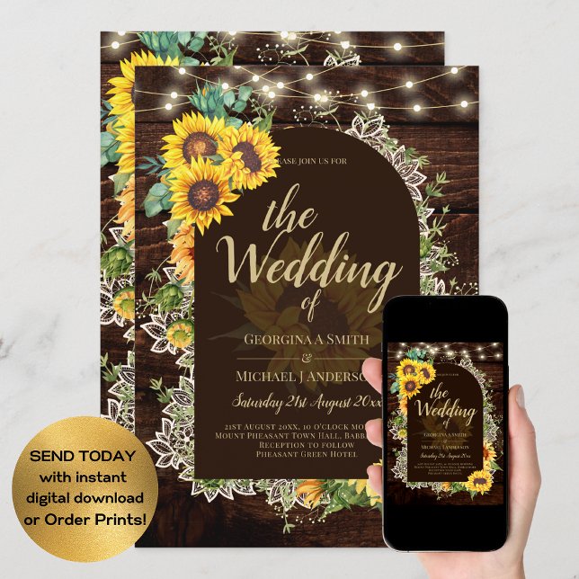Rustic Sunflowers Lights Lace Arch Wedding Invitation (Creator Uploaded)