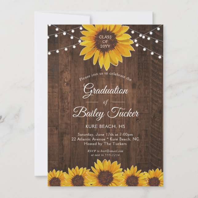 Rustic Sunflowers Lights Wood Graduation Party Invitation (Front)