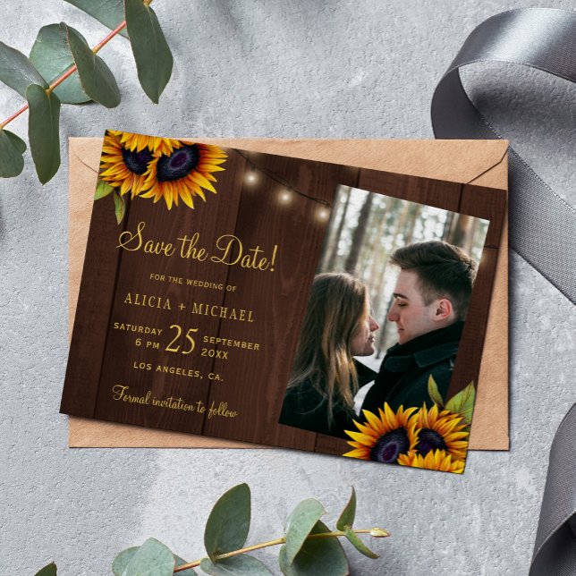 Rustic sunflowers lights wood photo wedding save the date (Creator Uploaded)
