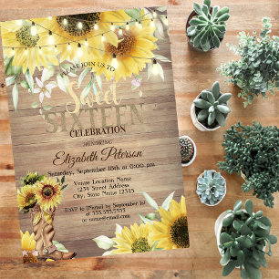 Rustic Sunflowers Lights Wood Sweet 16 Invitation