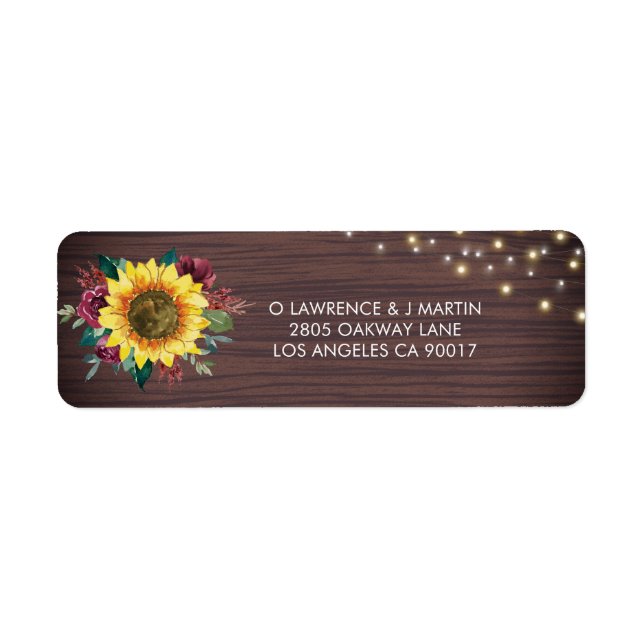 Rustic Sunflowers Lights Wood Wedding Address Return Address Label (Front)