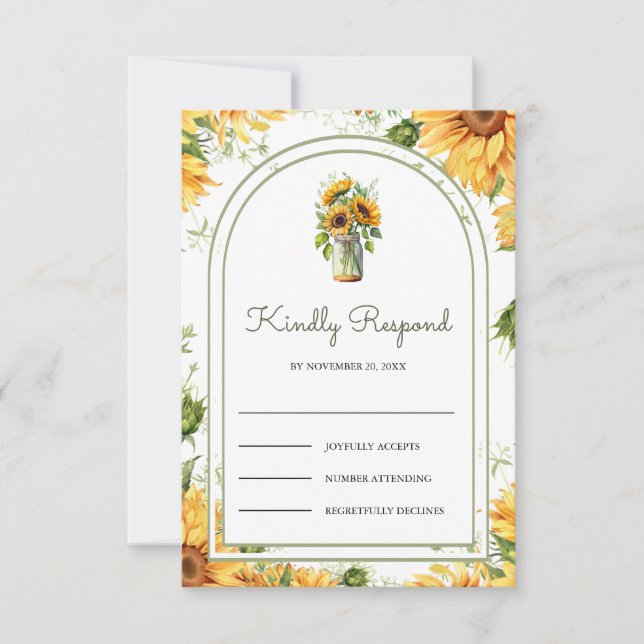 Rustic Sunflowers Mason Jar Arch Wedding RSVP Card (Front)