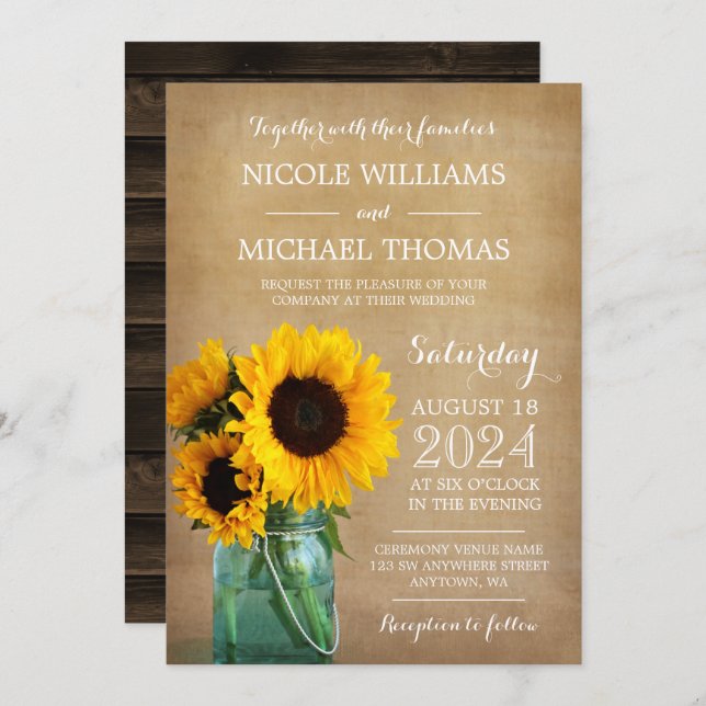 Rustic Sunflowers Mason Jar Country Wedding Invitation (Front/Back)